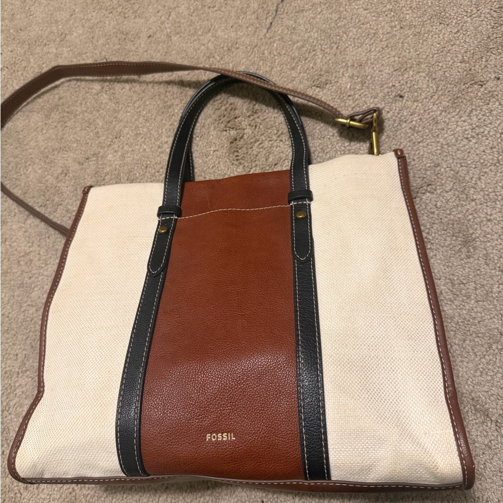 Fossil Brown, Black & Cream Canvas Leather Messenger Tote